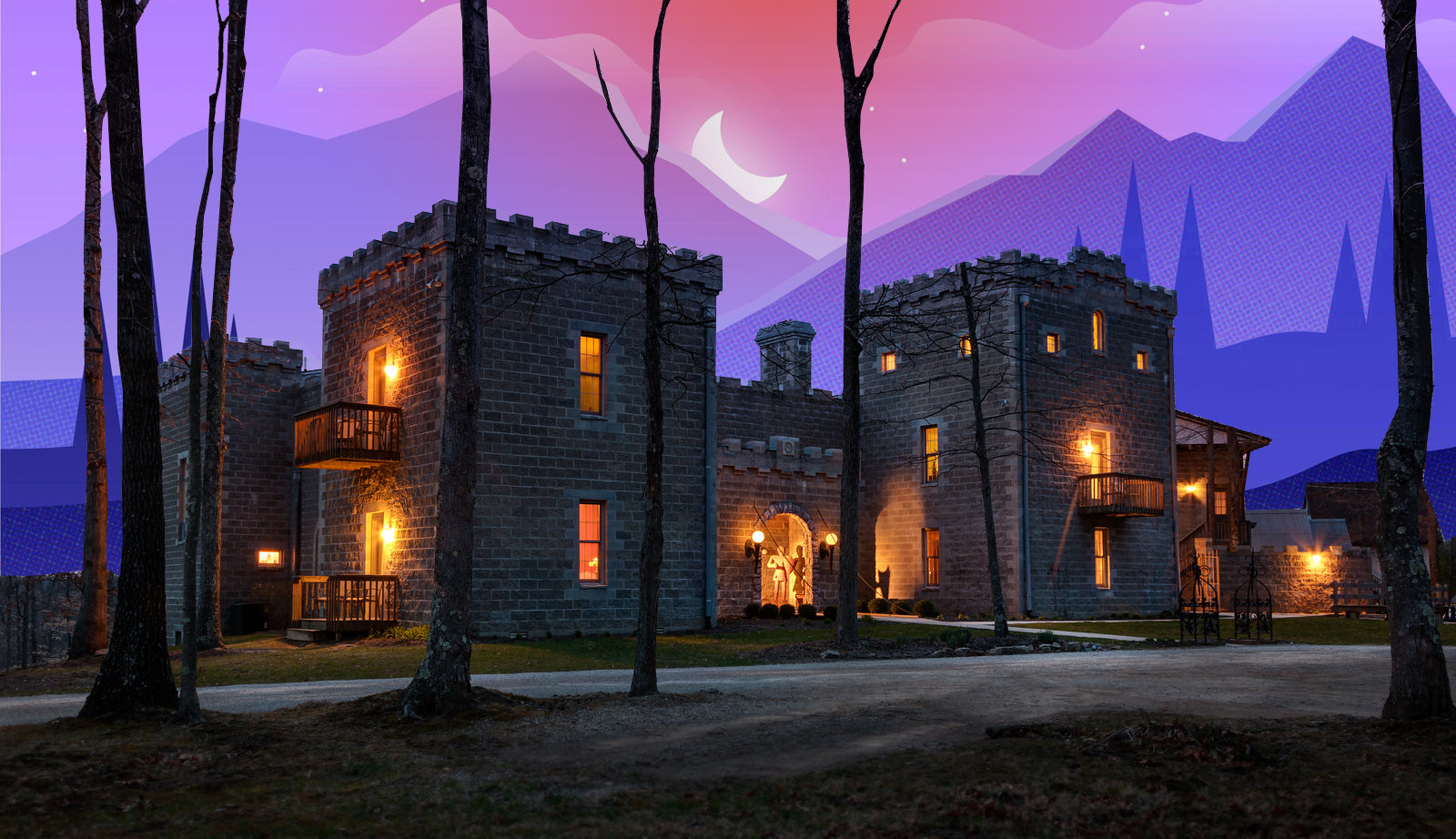 A picture of a glowing Ravenwood Castle, where Champions Grove is held annnually, against a pink, purple, and blue night sky.